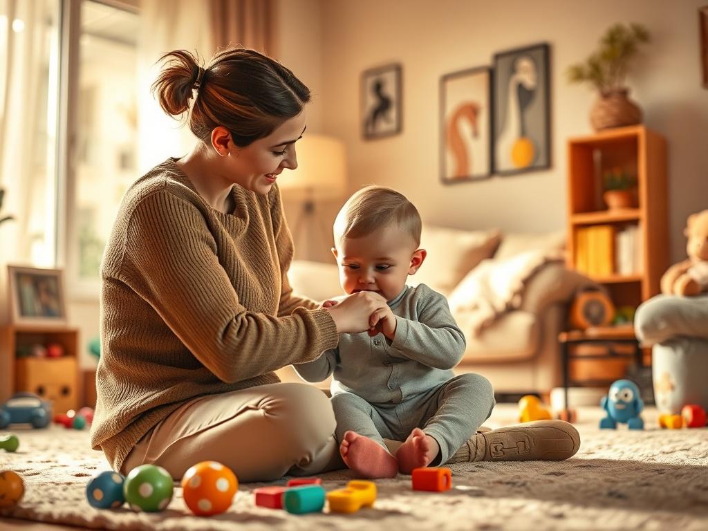 A warm, inviting indoor space with soft lighting, showing a parent interacting with a child in a nurturing manner. The background should depict a cozy living room with toys scattered around, emphasizing comfort and understanding in children's behavior.