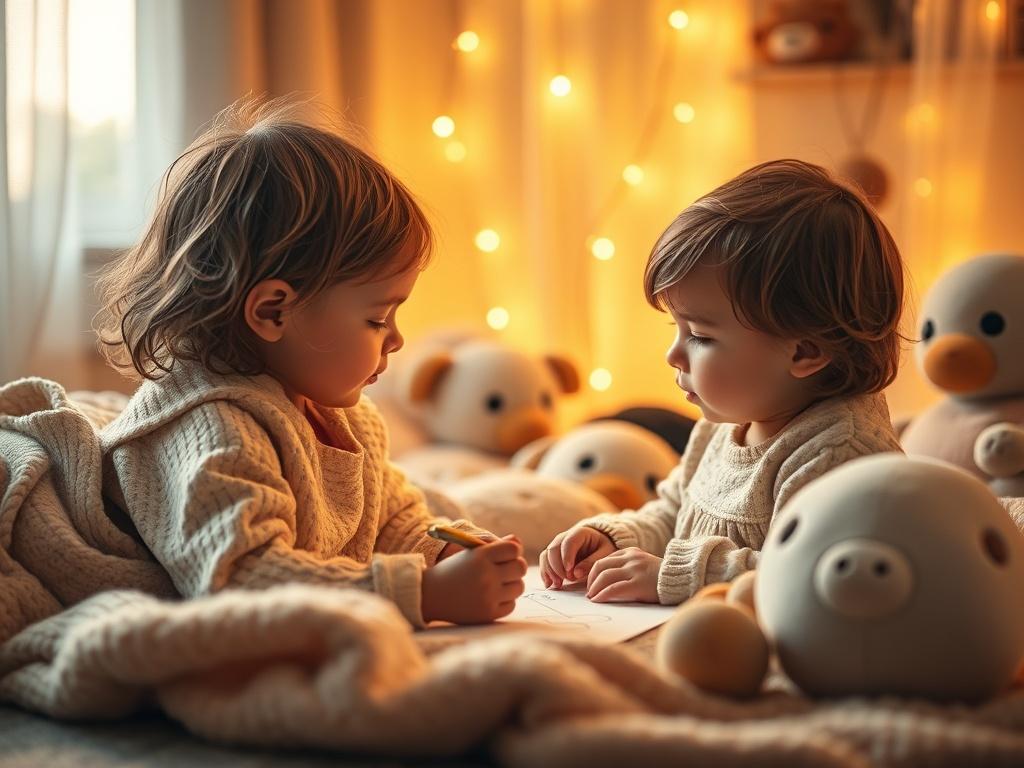 A serene and cozy environment where a child is engaged in an activity that promotes emotional expression, such as drawing or playing with soft toys. The atmosphere should be calming and supportive, highlighting the importance of emotional regulation for children.