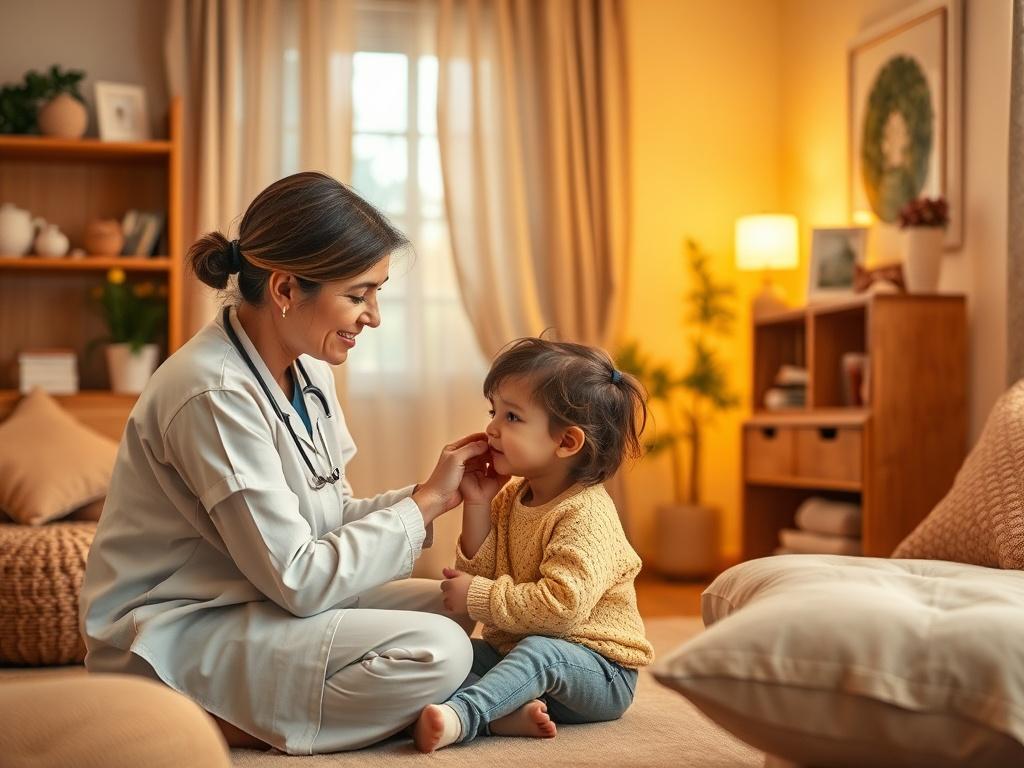 An inviting and peaceful room where a caregiver is gently interacting with a child, surrounded by soft colors and comforting decor.
