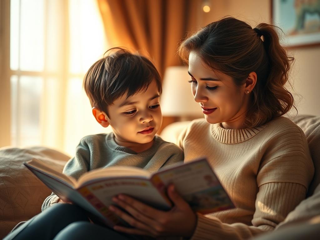 A warm and cozy room with a parent and child reading a book together, soft golden lighting, serene atmosphere, focus on their expressions of comfort and understanding.