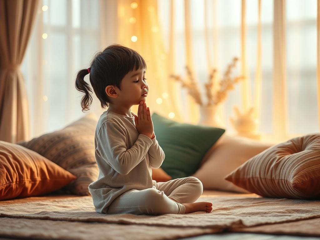 A serene setting with a child practicing breathing techniques, surrounded by soft cushions, warm colors, and a calming ambiance.