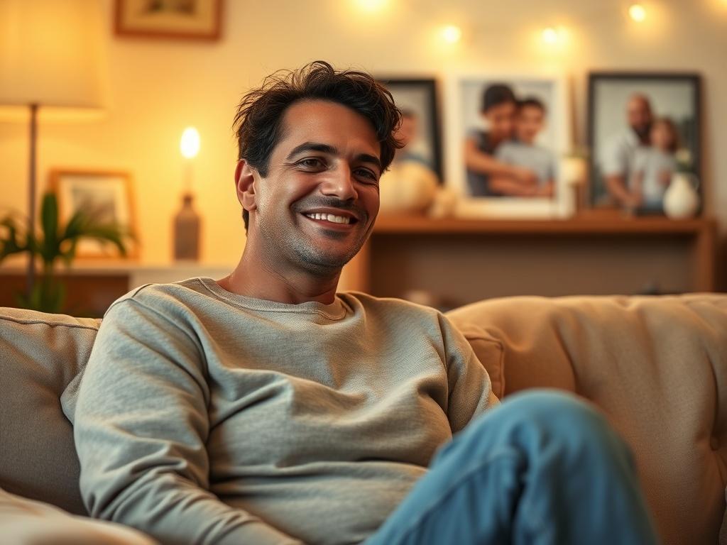 A cozy, serene home environment with a warm atmosphere. In the foreground, a parent is sitting comfortably on a sofa, looking relieved and happy, reflecting a sense of stability and connection. The background features soft, golden lighting and family photos that signify warmth and love. The setting conveys a supportive and nurturing space, suitable for discussions about parenting and family dynamics.