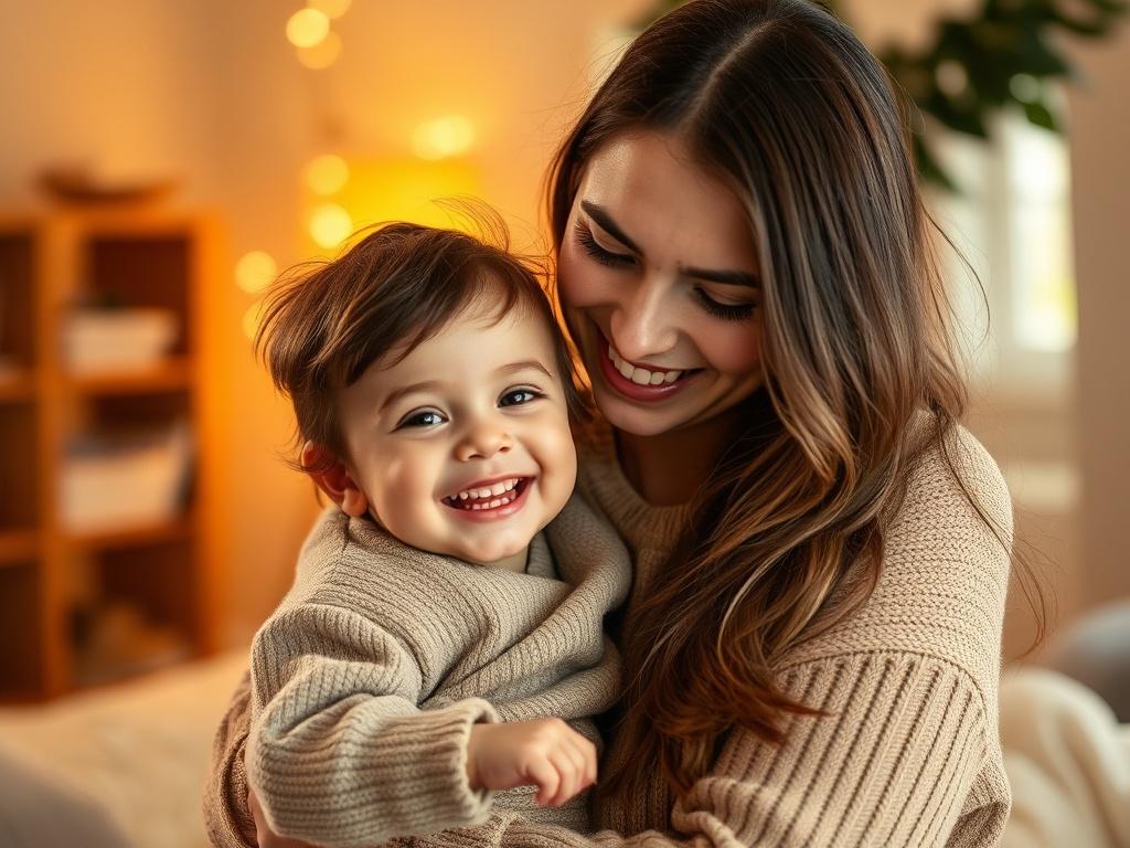 A warm, cozy scene featuring a happy woman holding her child in a serene atmosphere. The woman has a joyful expression, and the child is smiling, both radiating love and connection. The background is softly lit with golden hues, creating a comforting environment. The focus is on their interaction, showcasing a moment of joy and togetherness.