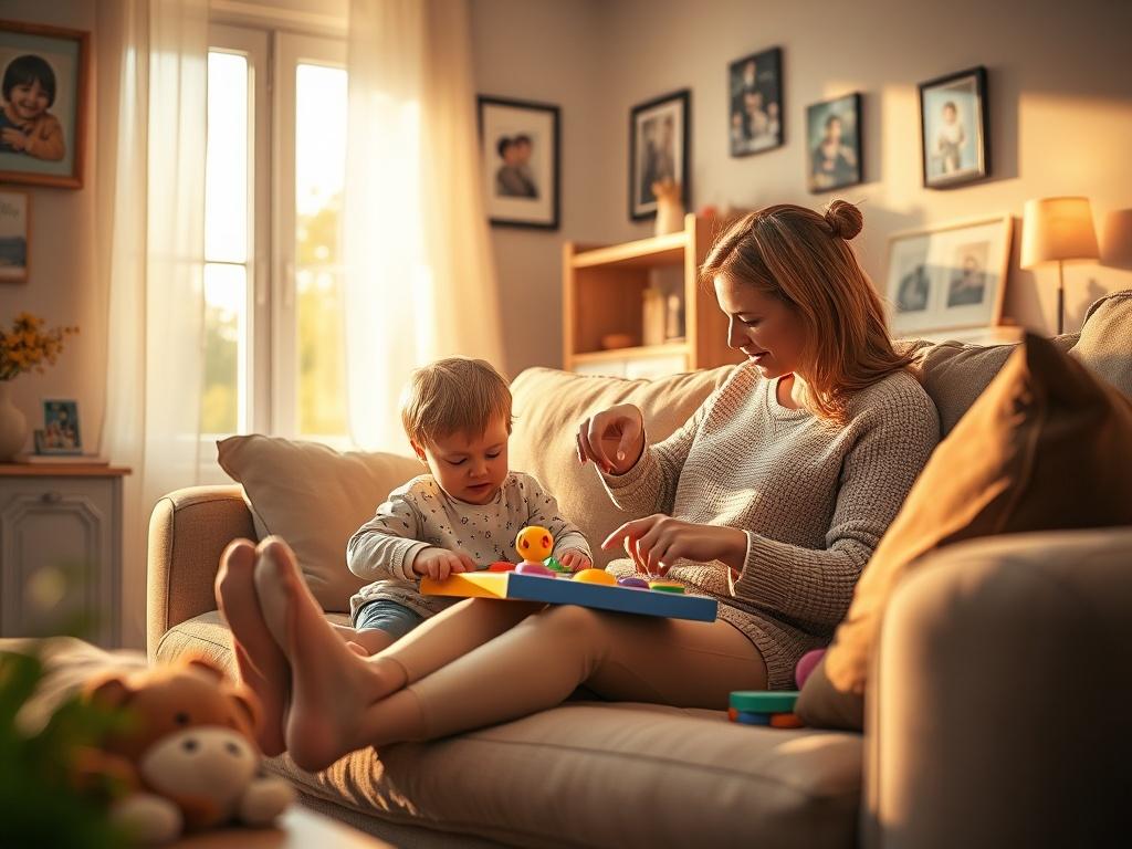 A warm and inviting scene depicting a cozy home environment. The image features a mother sitting on a soft couch, engaging with her child using educational toys. Soft golden lighting fills the room, creating a serene and nurturing atmosphere, with family pictures on the walls and a gentle touch of nature visible through a window.