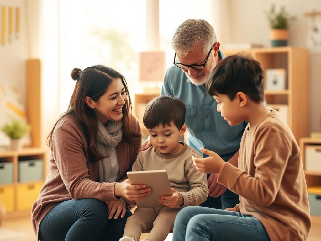 A collaborative scene with a parent and a teacher discussing