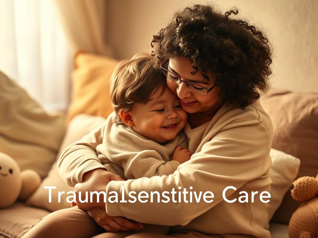 A serene setting with a caregiver comforting a child in