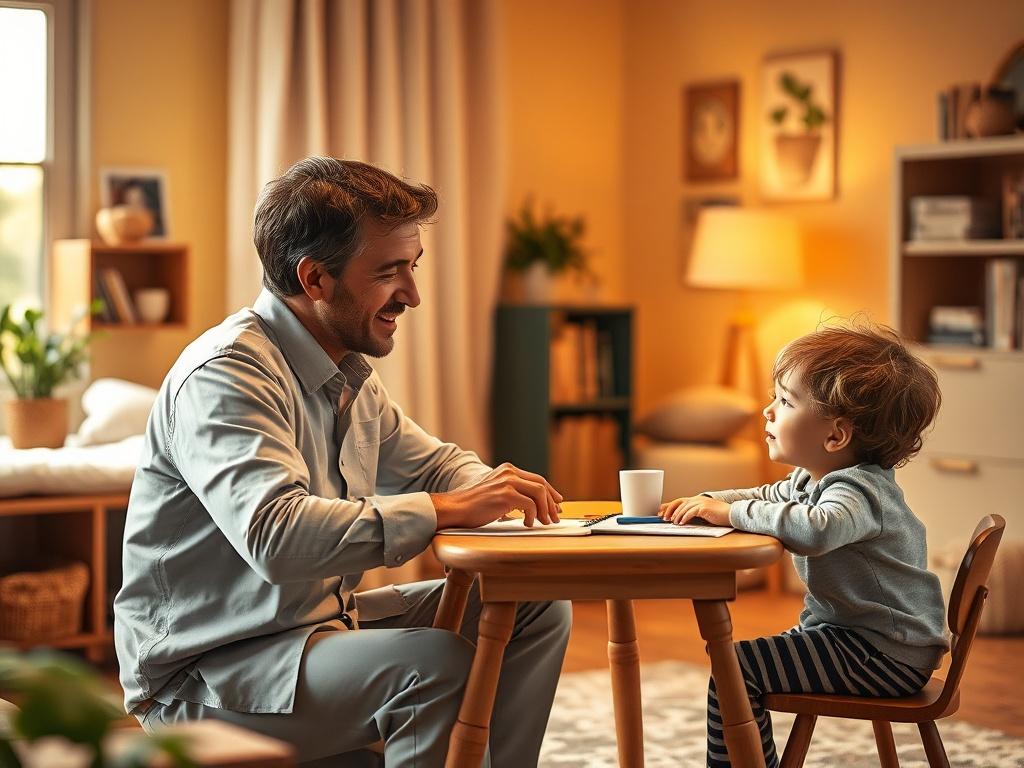 A warm and inviting image of a professional, friendly adult interacting with a child in a cozy, softly lit room. The background features gentle colors and a serene atmosphere, reflecting a safe environment for learning and communication. The adult is seated at a small table with educational materials, showing engagement and warmth towards the child, who appears curious and open.