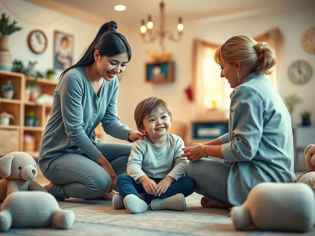 A serene classroom or therapy space where a child feels safe and supported. The environment includes soft lighting, calming colors, and supportive staff engaging with the child. Visual elements like comforting toys and soothing decorations enhance the sense of security.