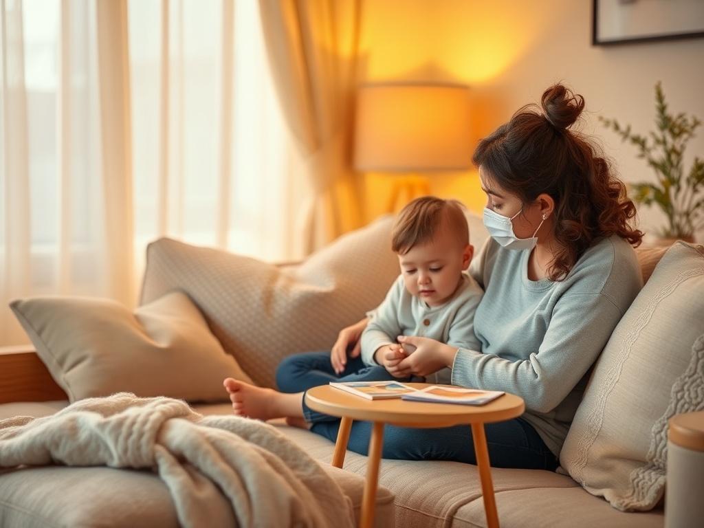 A comforting and inviting room where a parent and child are practicing emotional regulation techniques. The atmosphere is calming, with warm colors and soft lighting. Visual elements include a cozy couch, pillows, and a small table with calming activities, illustrating a nurturing environment.