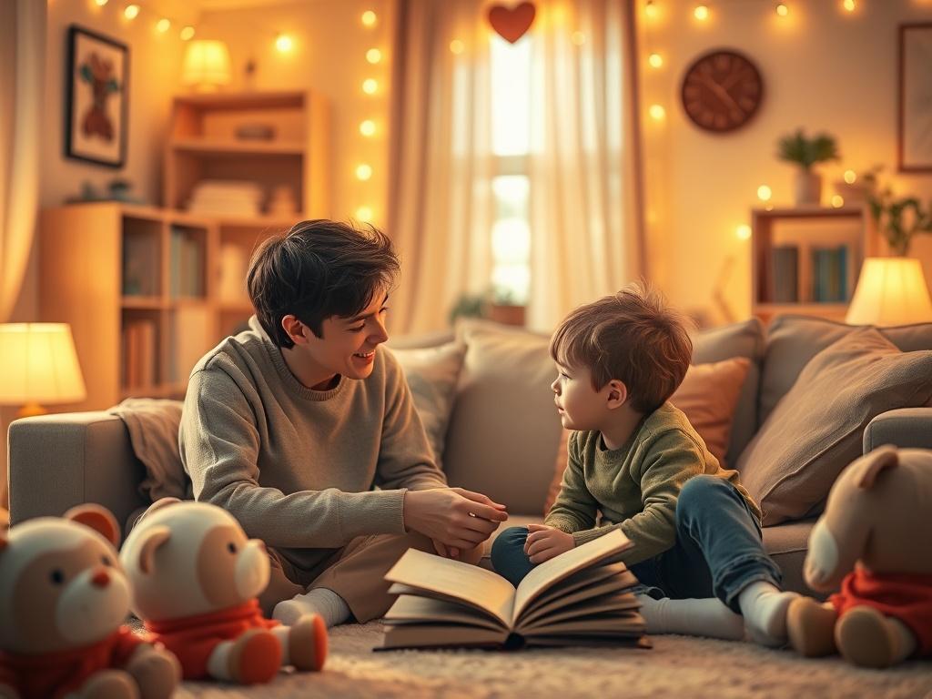A warm and cozy room filled with soft lighting, depicting a parent engaging with a child in a supportive atmosphere. The scene shows them exploring emotions together, with toys and books around. The background features comfortable furniture and soothing colors, creating a serene space.