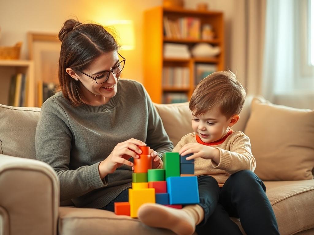 Create a realistic high-resolution photo that encapsulates the theme "Forståelse av barns atferd." The image should feature a single subject: a compassionate adult, such as a parent or educator, sitting on a cozy couch, gently interacting with a child. The adult should be leaning forward slightly, showing attentiveness and warmth, while the child, around 5 years old, is engaged in play with colorful building blocks, a look of curiosity and concentration on their face. 

The background should be a warmly lit