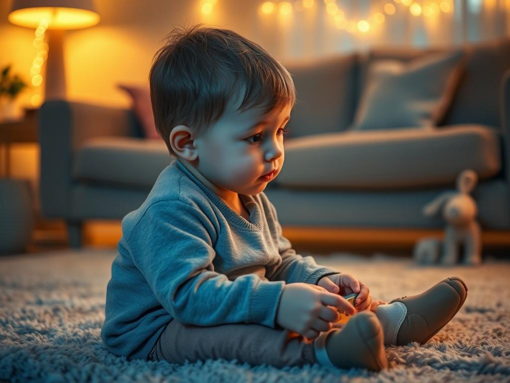 Create a realistic high-resolution photo that conveys the theme of "Forståelse av barns atferd." The composition should be simple and clear, featuring a single subject: a thoughtful young child, around 6-8 years old, sitting on a soft rug in a cozy living room setting. The child should be depicted in a moment of contemplation, perhaps holding a small toy or a book, looking curiously at it. 

In the background, include soft, warm lighting that creates a serene atmosphere, with golden hues illuminating the ro