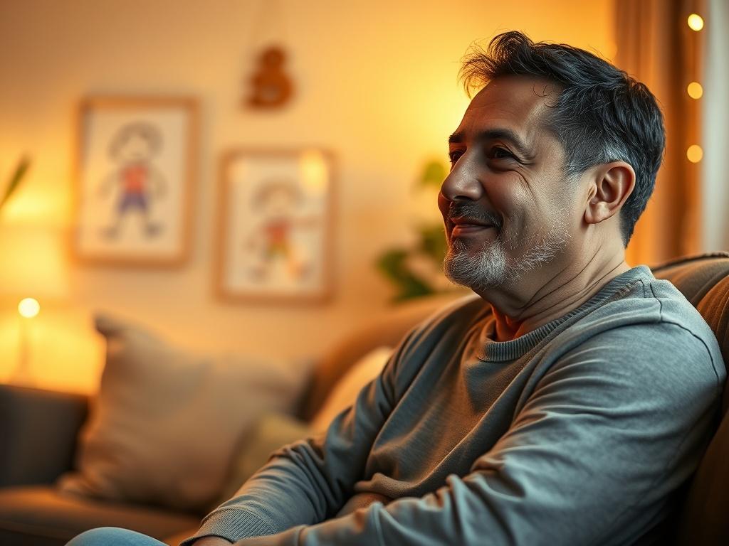 A serene image of a parent sitting in a cozy living room, reflecting thoughtfully with a gentle smile. The room is filled with soft golden hues and warm lighting, creating an atmosphere of comfort and safety. A child’s drawing is displayed on the wall in the background, symbolizing creativity and innocence. The composition focuses on the parent, conveying a sense of understanding and emotional growth.