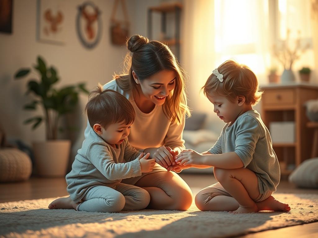 A warm and inviting image of a mother with two children in a serene setting, showcasing a loving and supportive atmosphere. The mother is kneeling beside her children, engaged in a playful activity, with soft golden hues and gentle lighting creating a cozy ambiance. The background features a peaceful home environment, emphasizing warmth and connection.
