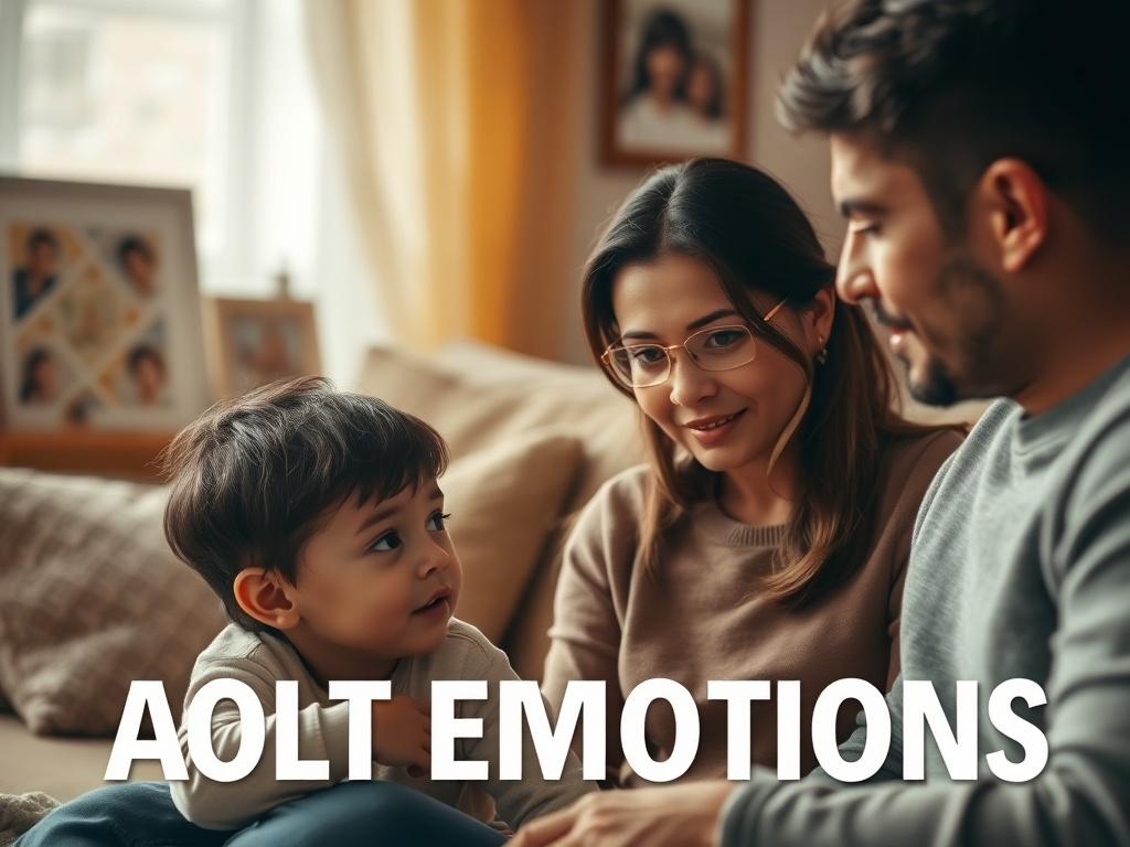 A warm and inviting home setting with a parent and child engaged in a calm discussion about emotions. The room is softly lit, creating a cozy atmosphere. The child looks curious and attentive, while the parent demonstrates a supportive demeanor. The background features soft cushions and family photos, enhancing the feeling of safety and comfort.