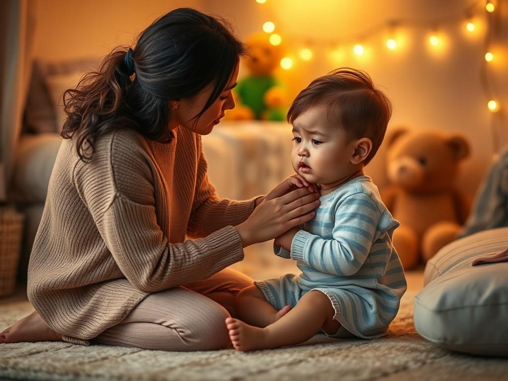 A serene setting showing a parent comforting a visibly upset child. The parent is kneeling down to the child's level, displaying empathy and understanding. The room is softly decorated with calming colors, creating a safe space. There are plush toys and warm lighting in the background, symbolizing love and security.