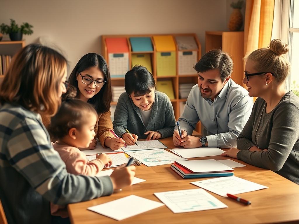 A collaborative meeting scene with parents, teachers, and support staff discussing a child's progress. Everyone is engaged and contributing, with notes and charts visible on the table. The atmosphere is positive and inclusive, with a backdrop of colorful educational materials, symbolizing teamwork and shared goals.
