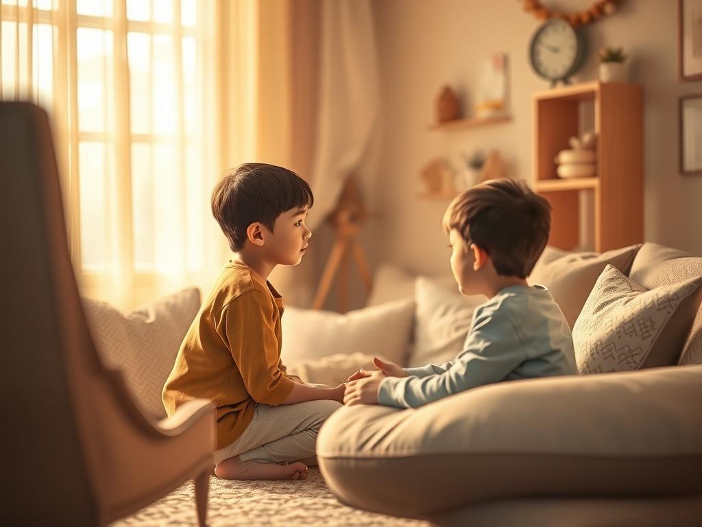 An inviting and serene consultation space filled with soft light, featuring an adult gently talking to a child, who appears to be listening intently. The environment is filled with comforting elements like cushions and calming decorations, symbolizing safety and understanding.