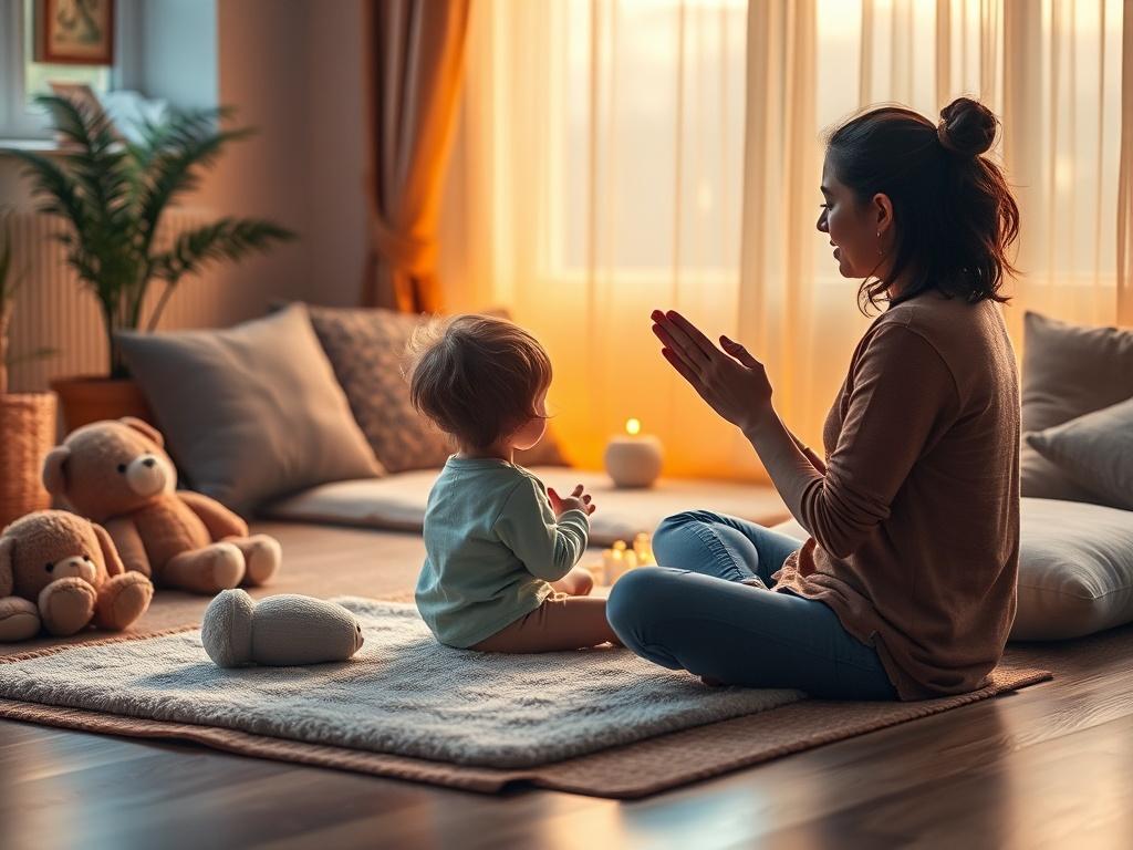 A cozy and peaceful room with soft golden lighting, showing a child sitting on a comfortable floor mat, practicing breathing exercises with a calm adult. The scene conveys a sense of safety and emotional support, with plush toys and cushions around.