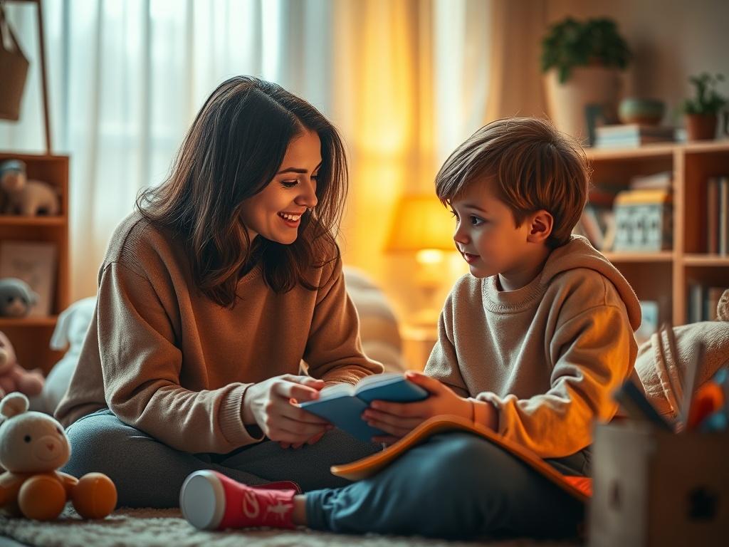 A warm and inviting room filled with soft lighting, depicting a caring adult engaged in conversation with a child. The child looks curious and attentive, while the adult is gently explaining something, surrounded by toys and books that create a serene atmosphere.