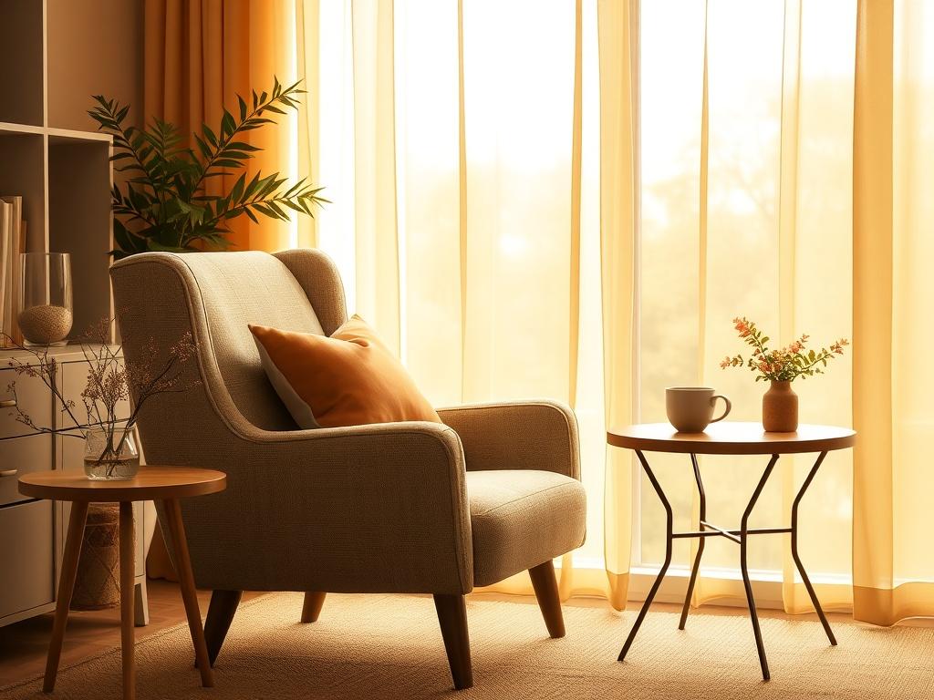 A serene and inviting office space, featuring a comfortable chair and a small table with a warm cup of tea. Soft golden lighting creates a cozy atmosphere, with a gentle backdrop of calming nature. The focus is on the chair, suggesting a welcoming place for parents and professionals to gather and seek guidance.