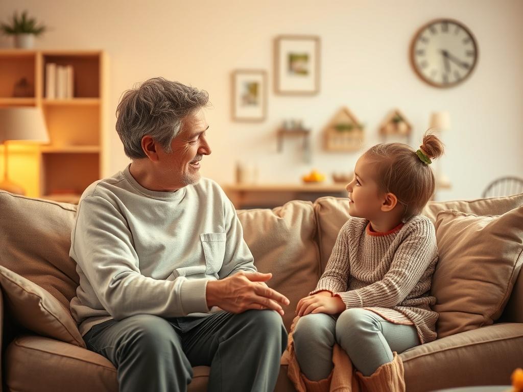 A warm and inviting image of a caring adult sitting on a cozy sofa, engaged in conversation with a child. The scene is softly lit with golden hues, creating a serene atmosphere. The background features a simple, welcoming living room with family-oriented decor, emphasizing warmth and connection.