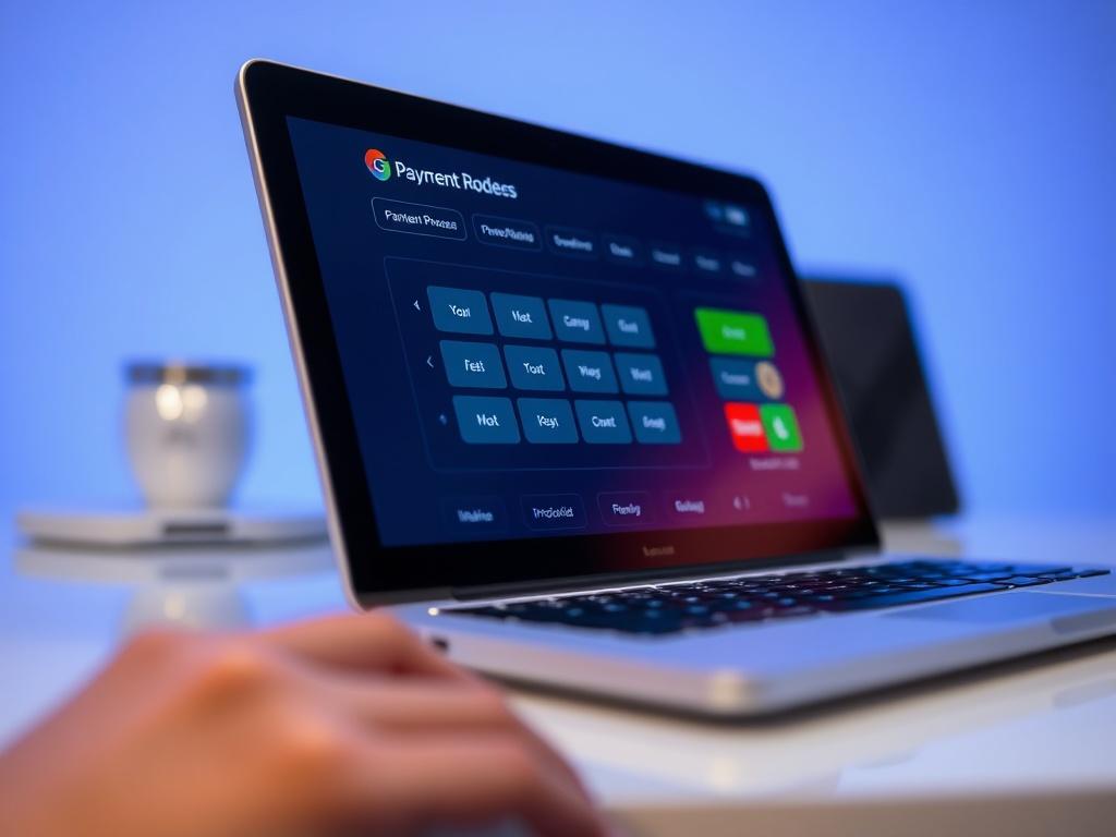 A hyper-realistic close-up shot of a professional payment processing interface on a sleek digital device, reflecting the essence of iGaming payment solutions. The background should be simple and tech-oriented, showcasing a subtle blue hue compatible with rgb(40, 93, 225). Ensure the focus is sharp on the device, emphasizing the modern technology aspect.