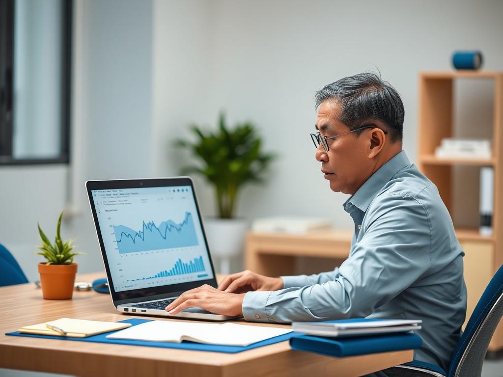 **AI Image Generation Prompt:**

Create a realistic high-resolution image that visually captures the theme of chargebacks in the iGaming industry. The composition should be simple and clear, featuring a single, focused subject: a thoughtful business professional sitting at a modern desk. The professional, a middle-aged person of Asian descent, should be analyzing data on a laptop, looking intently at the screen. The laptop should display a graph or chart indicating financial trends, symbolizing chargeback s