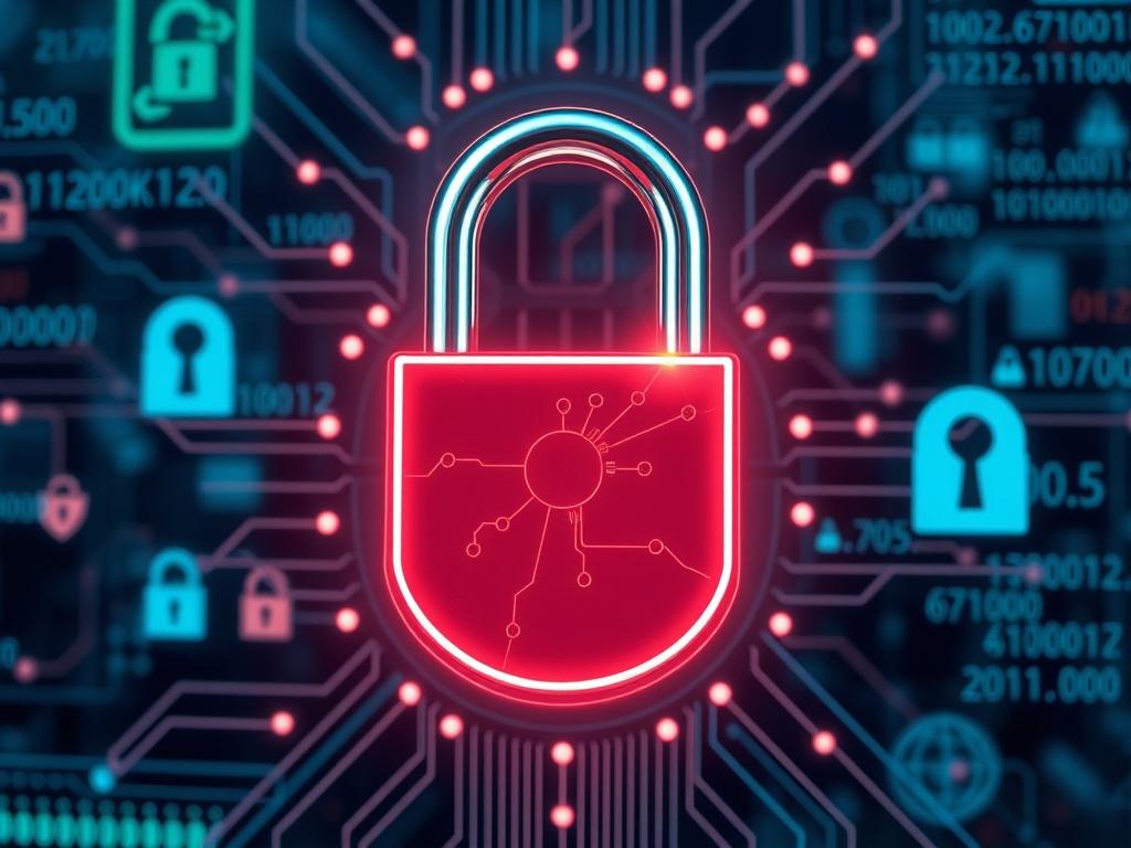 An image depicting a digital lock symbolizing security in online payments, surrounded by elements representing data protection such as firewalls and encryption codes. The background should be a blend of technology and finance, conveying a sense of safety and trust. Shot with a 45mm f/1.2 lens style, focusing on the lock and its details.