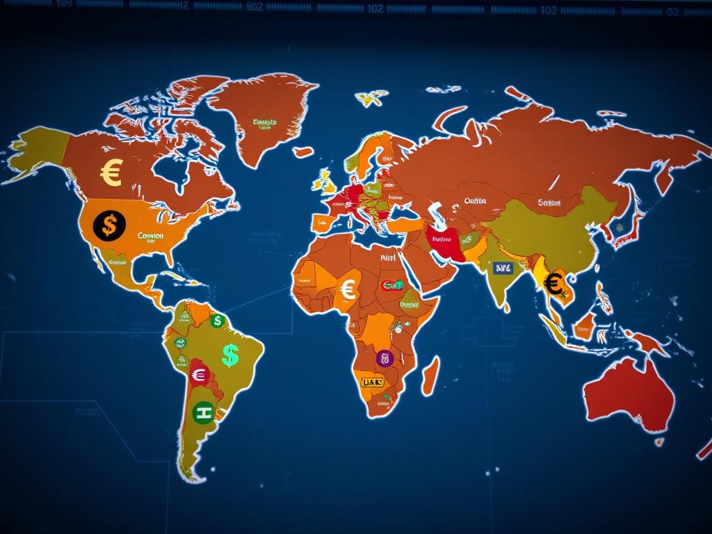 A close-up shot of a world map overlayed with various currency symbols, representing global transactions in the iGaming industry. The image should evoke a sense of international reach and connectivity, with vibrant colors highlighting different regions. Shot with a 45mm f/1.2 lens style, focusing on the currency symbols and map details.