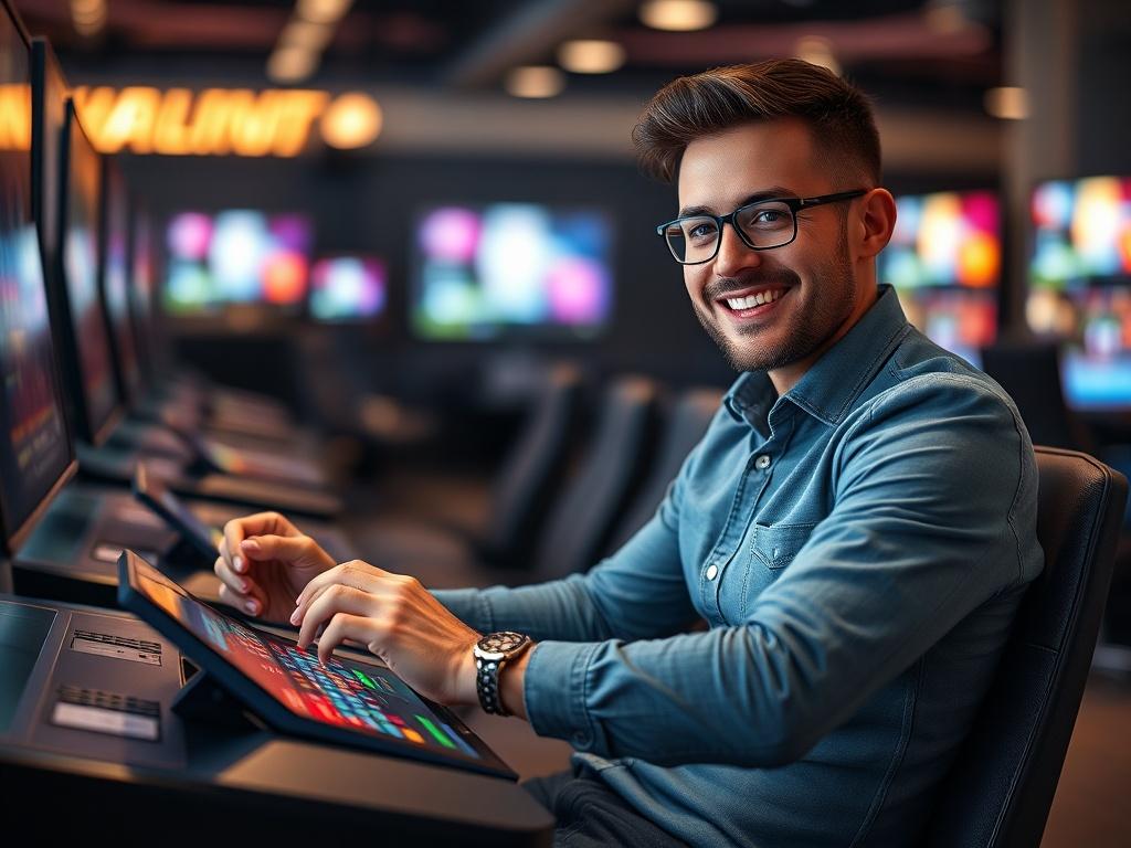 **AI Image Generation Prompt:**

Create a high-resolution photo depicting a confident, satisfied iGaming player seated at a modern gaming station. The player is enthusiastically placing their first bet on a sleek touchscreen device, showcasing a vibrant, interactive gaming interface. They should have a look of determination and excitement, embodying the journey from novice to a seasoned player engaging with a loyalty program.

The background should be softly blurred to emphasize the player and the gaming de