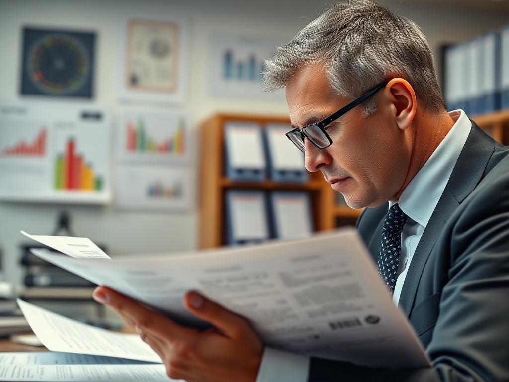 A compliance officer reviewing documents and regulations in a well-organized office space. The image should capture the seriousness of the task, with charts and compliance books visible in the background.