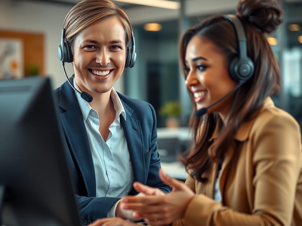 A customer service representative assisting a client over the phone, with a headset on in a supportive office environment. The image should convey friendliness and professionalism, with communication tools and a smiling face.