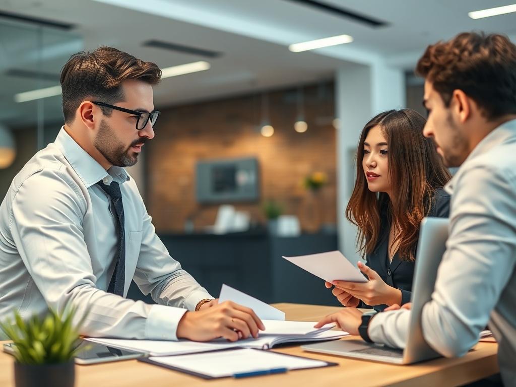 A professional consultant discussing payment options with a client at a modern office desk. The image should be a close-up shot, capturing the expressions of both individuals, with paperwork and a laptop visible in the background. The setting should have a contemporary design, reflecting a trustworthy business environment.