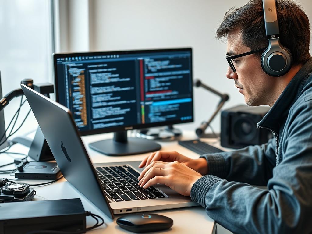 An IT specialist working on a laptop with code on the screen, surrounded by various tech gadgets. The image should focus on the individual, showcasing concentration and expertise, with a clean and modern workspace as the backdrop.