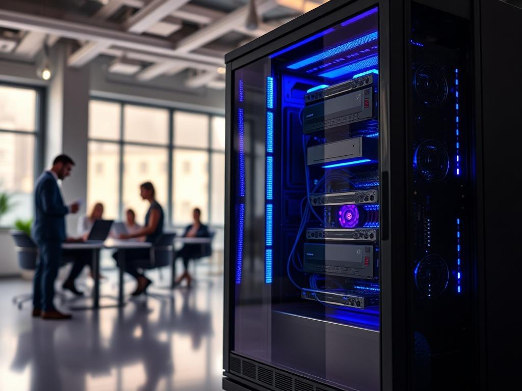 Create a hyper-realistic high-resolution image that captures the essence of the iGaming industry, focusing on the theme "Beyond Payments: The 5 Critical Tech Partners for a Scalable iGaming Platform." The composition should feature a single, prominent subject: a sleek, modern server rack filled with advanced technology components, representing the backbone of a scalable iGaming platform. The server rack should have a glossy finish and be illuminated with cool blue and purple LED lights, enhancing its high-t