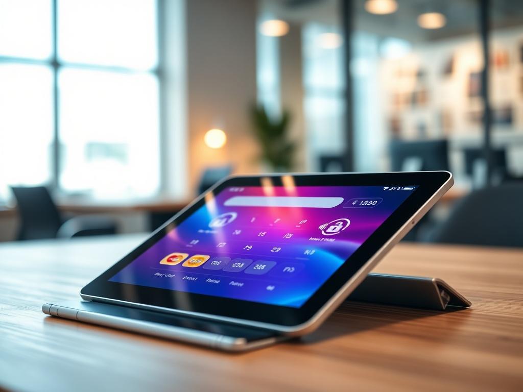 "Create a realistic high-resolution photo that represents the theme of 'Understanding Payment Solutions in iGaming.' Focus on a close-up shot of a sleek, modern tablet displaying a vibrant payment interface. The tablet should be positioned on a minimalist wooden desk. In the background, incorporate a blurred out image of a professional-looking office environment to convey a sense of professionalism and trustworthiness. The lighting should be bright and inviting, highlighting the tablet and the payment inter