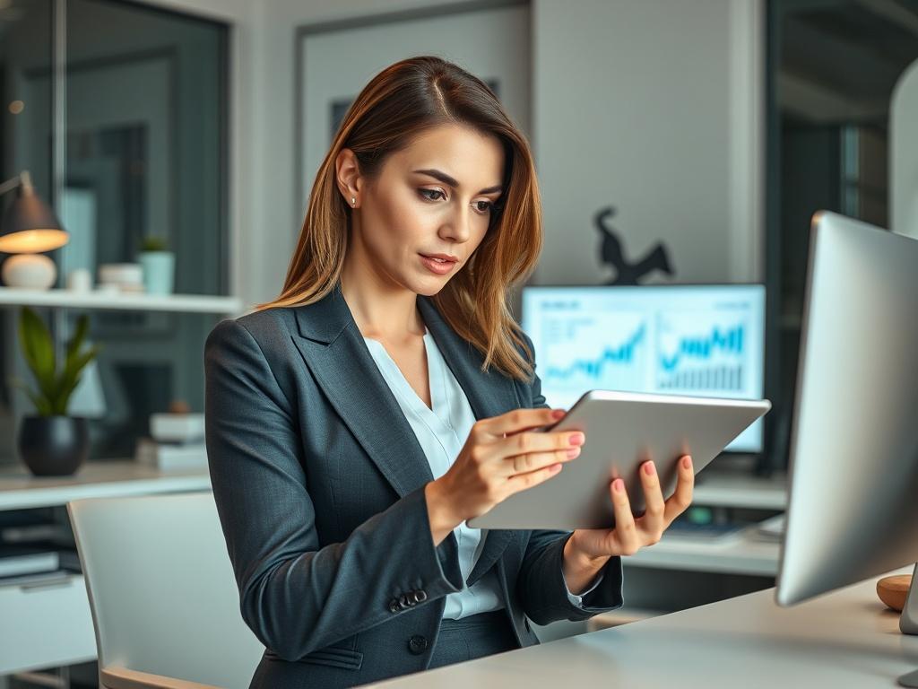 Create a realistic high-resolution image that embodies the theme of cost-cutting and risk reduction in payment service providers (PSPs) for 2025. The composition should be simple and clear, featuring a single subject: a confident, professional-looking business woman in a sleek office environment. She is intently analyzing digital financial reports displayed on a tablet in her hands, symbolizing informed decision-making in the iGaming industry. 

The background should showcase modern office elements, such as