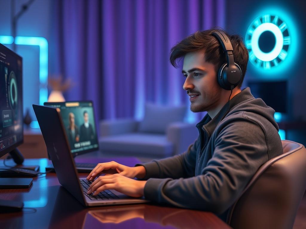 **AI Image Generation Prompt:**

Create a highly realistic high-resolution image that reflects the theme of trust and reliability in the online gaming industry. The composition should focus on a single, engaged player seated comfortably at a modern gaming desk, highlighting their intense focus on a laptop screen that displays a gaming interface. The player's expression should convey confidence and satisfaction, symbolizing the peace of mind provided by fast withdrawal speeds.

The background should be softl