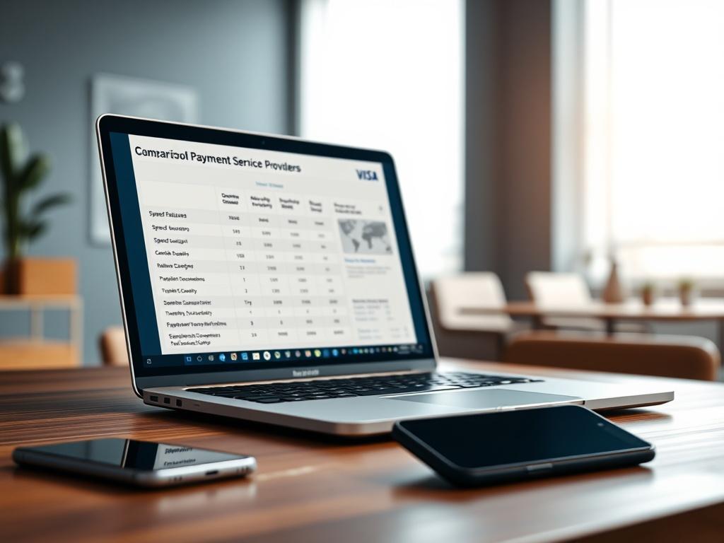 Create a realistic high-resolution photo showcasing an elegant, sleek laptop open on a wooden desk, displaying a detailed comparison chart of payment service providers. The laptop screen should subtly highlight key features of iGamingPSP, emphasizing speed, security, and seamless transactions, without showing any text or logos. In the foreground, place a modern smartphone beside the laptop, symbolizing accessibility and mobility in payment solutions. In the background, include a soft-focus view of a tidy of