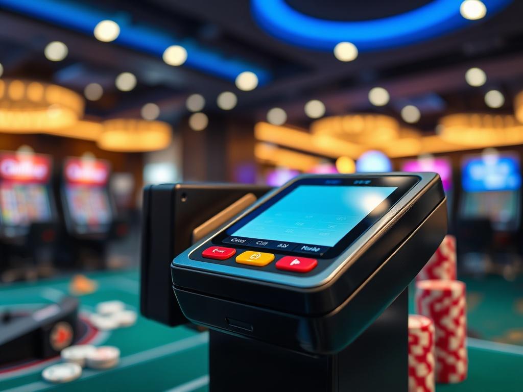 A close-up shot of a secure payment processing terminal with a glowing screen, set in a sleek, modern iGaming environment. The background should be blurred to emphasize the terminal, showcasing elements like gaming chips and cards subtly integrated into the scene. The lighting should be bright and inviting, highlighting the technology while maintaining a professional aesthetic.