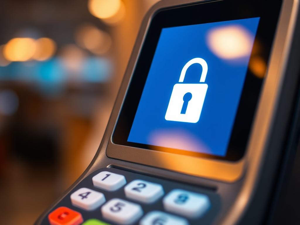 A close-up shot of a secure payment terminal with a glowing screen displaying a lock symbol, symbolizing trust and security in online transactions. The background is softly blurred to emphasize the terminal, with warm lighting highlighting the details of the device. The overall color palette includes shades of blue and white to convey a sense of security and professionalism.