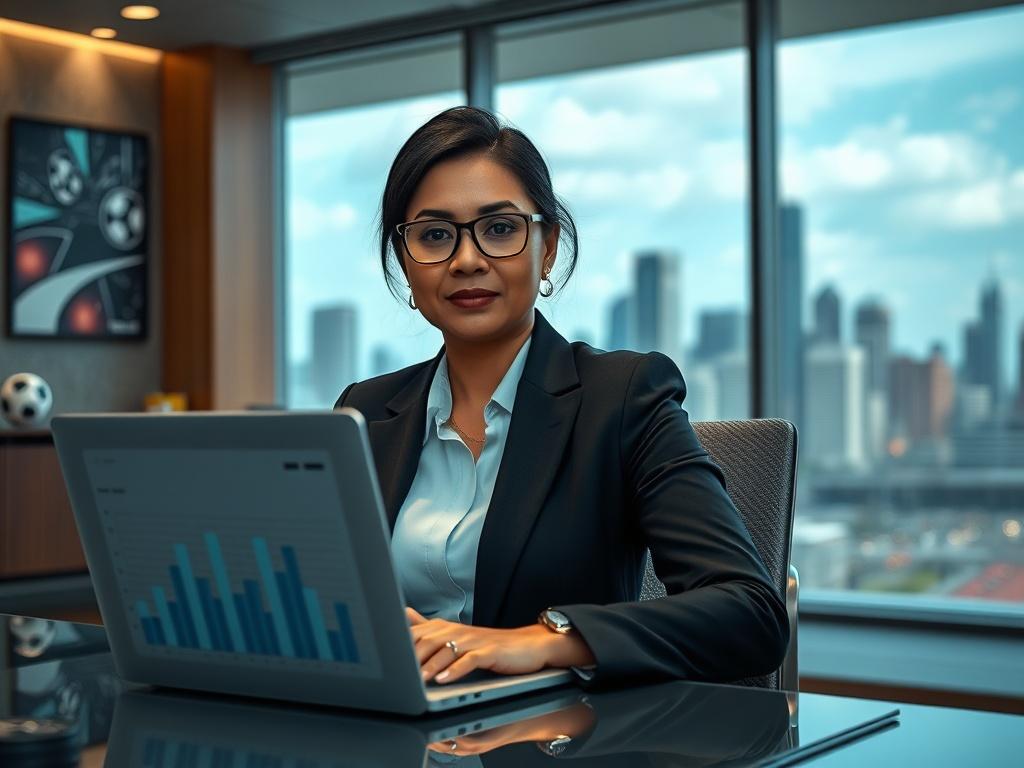 **AI Image Generation Prompt:**

Create a hyper-realistic high-resolution photo that showcases a confident business professional in a modern office environment, symbolizing the theme of payment and compliance strategies in the iGaming industry. The subject should be a middle-aged South Asian woman, dressed in a sharp business suit, sitting at a sleek desk with a laptop open in front of her, displaying graphs and analytics related to payments and compliance in the iGaming sector.

Her expression should conve