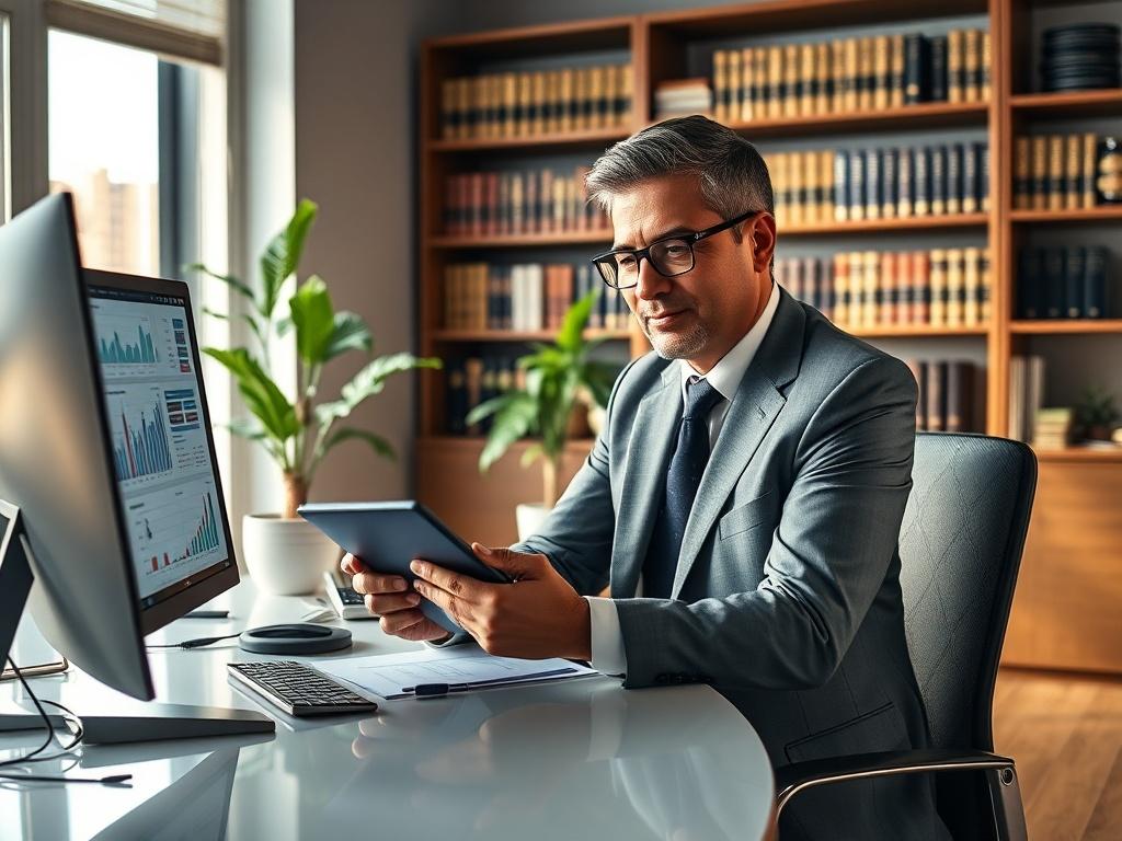 Create a hyper-realistic high-resolution photo that effectively captures the theme of "iGaming Compliance in 2025." The image should focus on a confident and engaged compliance officer, a single subject, who is seated at a sleek, modern desk in a well-lit office environment. The officer should be a middle-aged person of diverse descent, dressed in business attire, analyzing compliance documents and regulations on a tablet. 

In the background, incorporate elements that suggest a high-tech workspace, such as