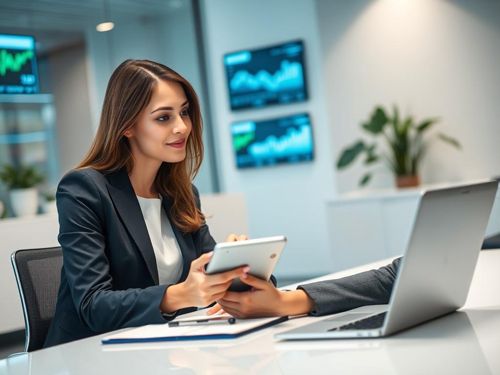 **AI Image Generation Prompt:**

Create a realistic high-resolution photo that depicts the title, "The Future of Payments in iGaming: Emerging Trends Every Operator Should Know." The image should feature a close-up shot of a confident businesswoman sitting at a modern desk, engaged in a conversation while using a tablet. 

The subject should be the businesswoman, dressed in professional attire, showcasing a look of concentration and enthusiasm as she navigates through an innovative payment solutions app des