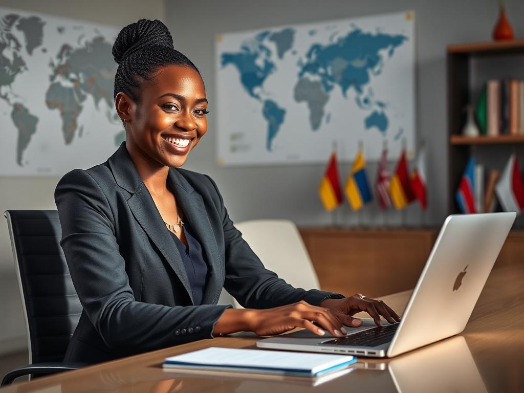 Create a realistic high-resolution image that encapsulates the theme of "Unlocking Global Markets: Why Local Payment Methods Are Your New Secret Weapon." The composition should be simple and clear, featuring a single subject—a confident business professional, a South African woman in a smart blazer, seated at her sleek desk, engaged in a focused discussion on her laptop. She should be smiling as if sharing insights or celebrating a successful transaction. 

In the background, include a modern office environ