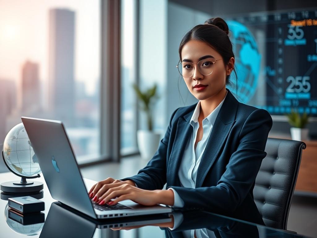 **Prompt for AI Image Generation:**

Create a highly realistic and detailed high-resolution photo that visually embodies the theme of "Why Local Payment Methods Are Key to Player Conversion in Global Markets." The composition should focus on a single subject: a confident businesswoman in a modern office environment. She is seated at a sleek desk, working on a laptop that displays a digital payment interface, symbolizing local payment methods in use. 

Her expression should reflect concentration and determin