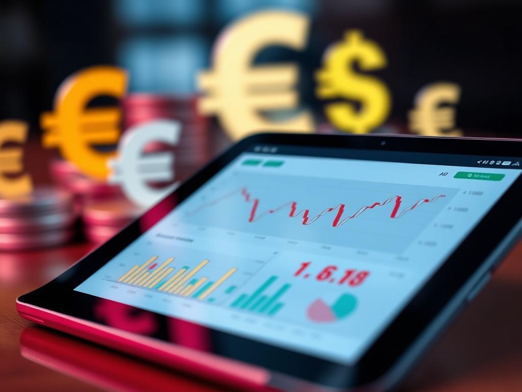 A close-up shot of a sleek, modern banking interface displayed on a tablet, with multiple currency symbols in the background. The focus is on the tablet, showing graphs and charts representing multi-currency transactions. The background is softly blurred, highlighting the tablet's screen. The colors are vibrant, with an emphasis on the rgb(40, 93, 225) primary color scheme, creating a professional and trustworthy atmosphere.