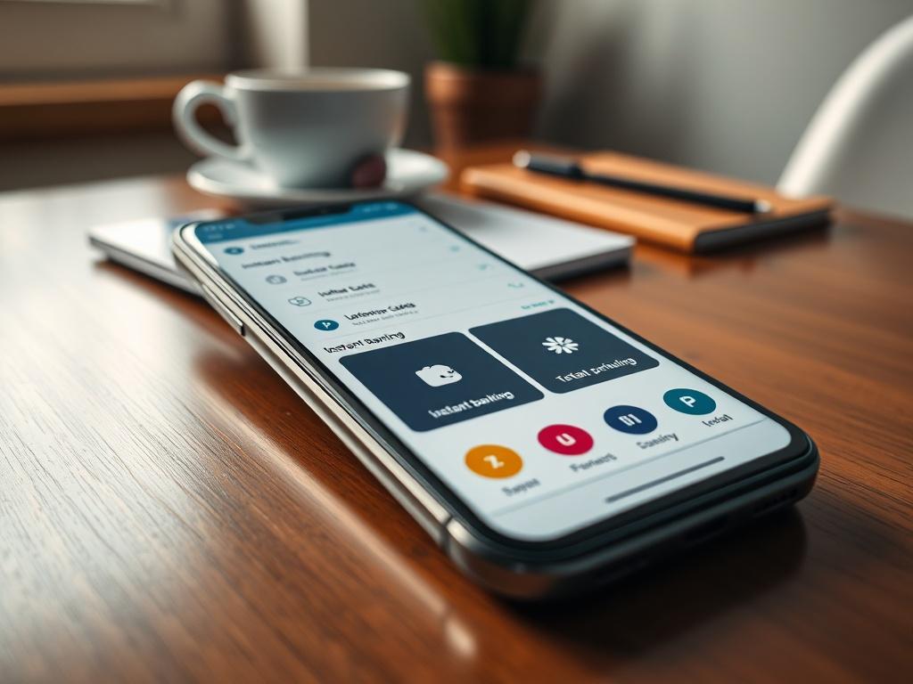 Create a realistic high-resolution close-up photo focusing on a sleek modern smartphone resting on a polished wooden table. The screen of the smartphone displays a digital payment interface with clear visuals of instant banking options alongside card payment icons, making it evident that these are the two modes of payment being compared. 

Ensure that the smartphone has a striking design, such as an edge-to-edge display and minimal bezels, emphasizing contemporary technology. The background should be softly