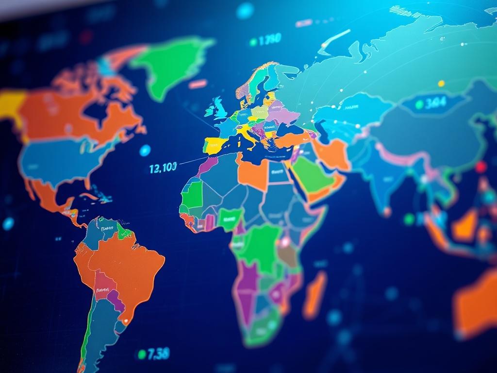 A close-up shot of a world map with digital transaction lines connecting various countries. The background features a soft glow, symbolizing global connectivity and financial transactions. The focus is on the vibrant colors representing different regions of the world.